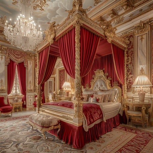 Royalcore bedroom with crystal chandelier, velvet drapes, and gilded furniture